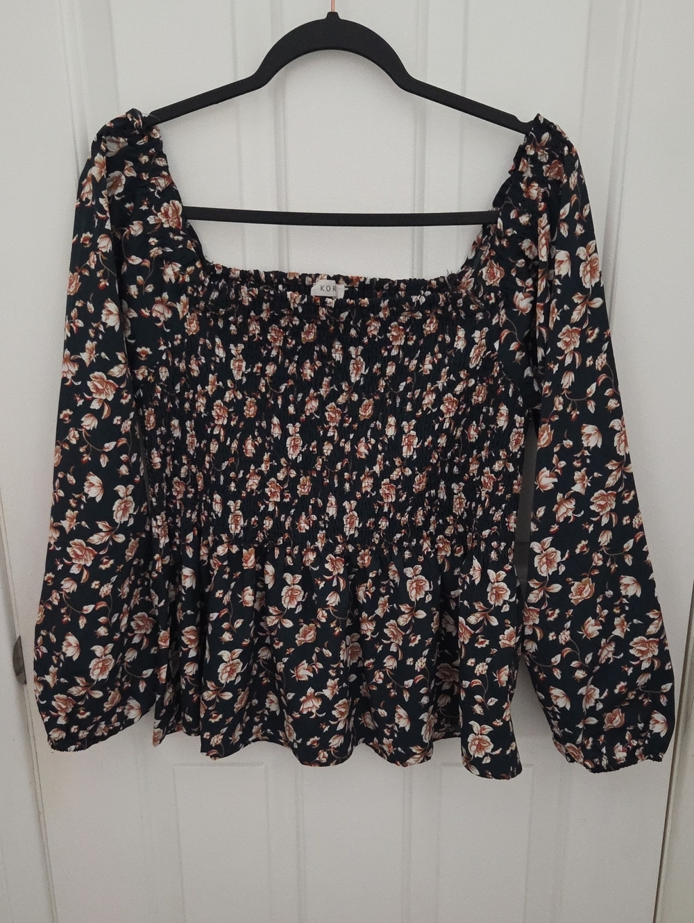 Kori Black Floral Smocked Peplum Long-Sleeve Off the shoulder top